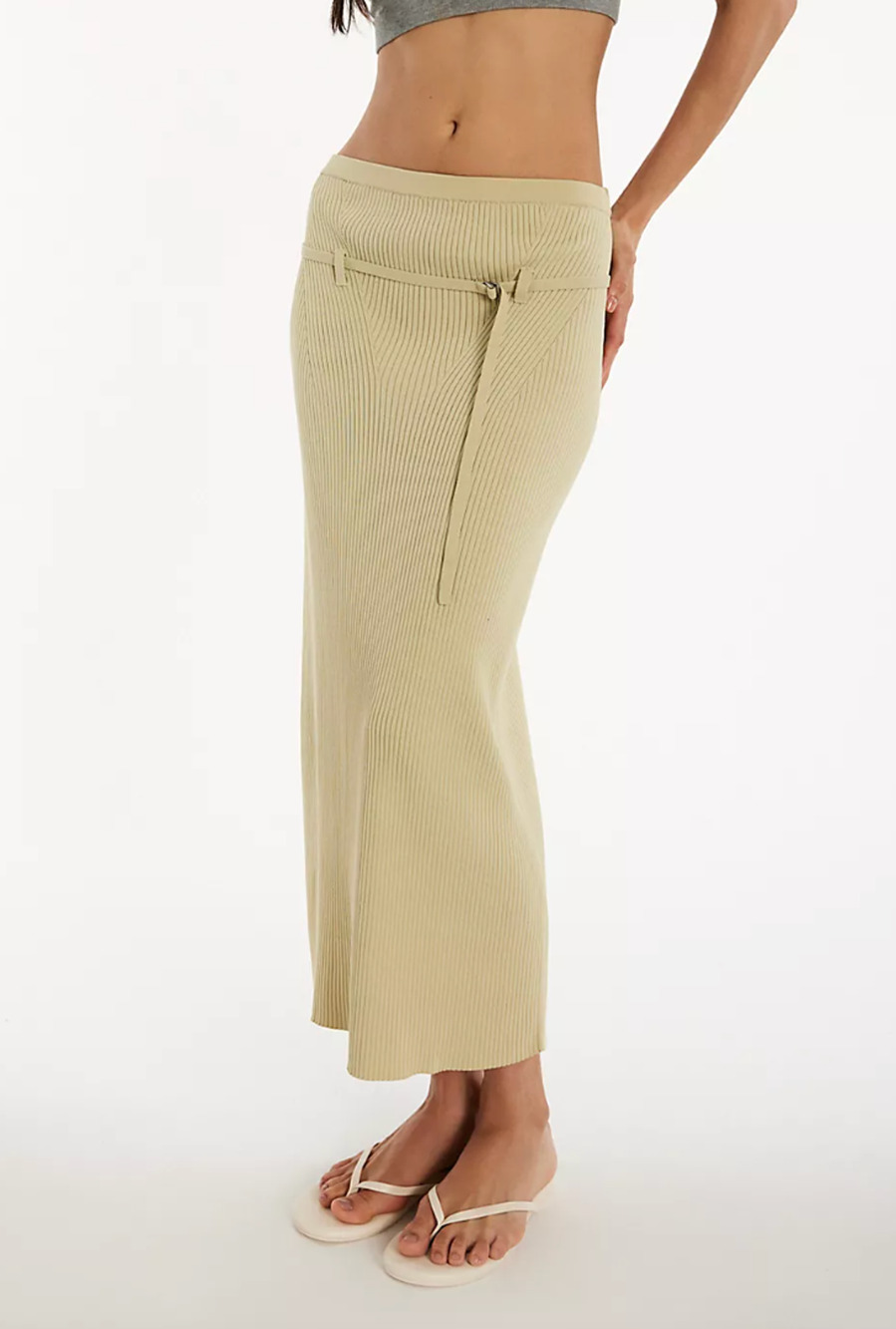 NWT APPARIS Judd Belted Rib Knit Maxi Skirt Size L Light Sage Green High-Rise